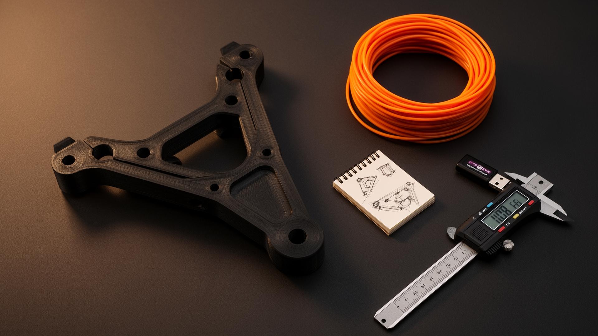 3D-printed mechanical bracket, orange PLA filament, calipers and design sketches on a dark studio bench