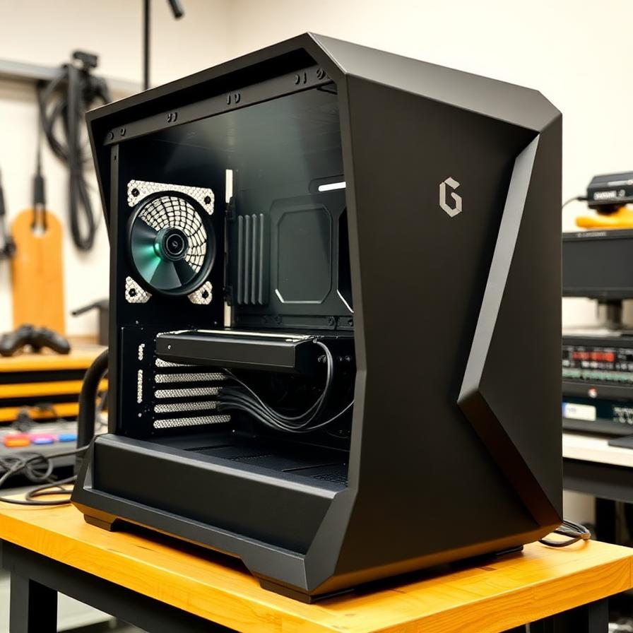 Custom 3D printed gaming PC casing prototype in matte black