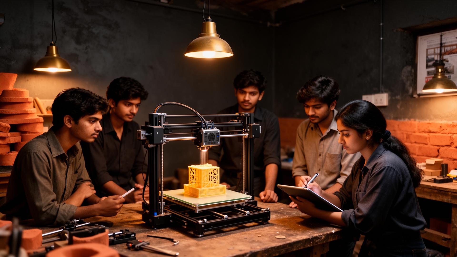 A small group of students gathered around an FDM 3D printer in a warmly lit Pune workshop